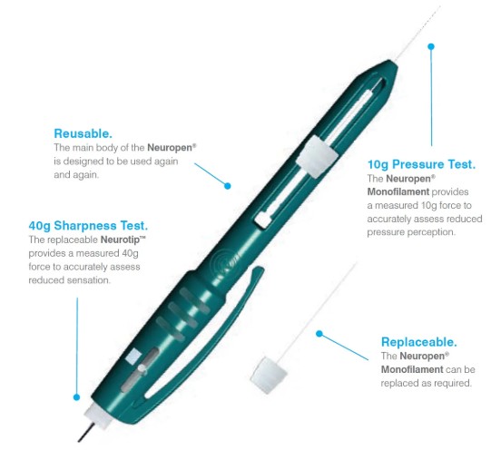 Neuropen with labels identifying the reusable body, 10 g pressure test, 40 g sharpness test and replaceable monofilament